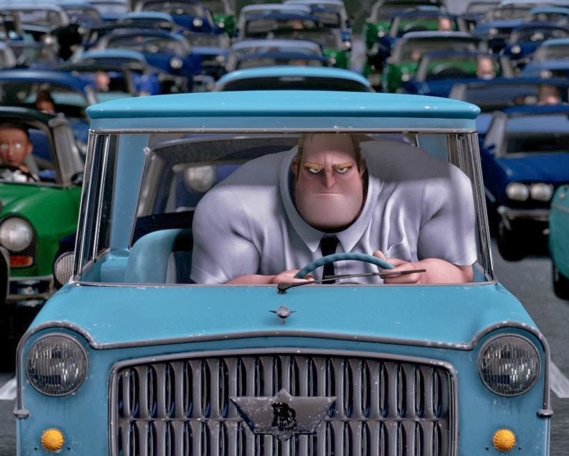 Nhân vật Mr.Incredible trong The Incredibles (2004) tỏ ra nhàm chán với công việc bé mọn hằng ngày.